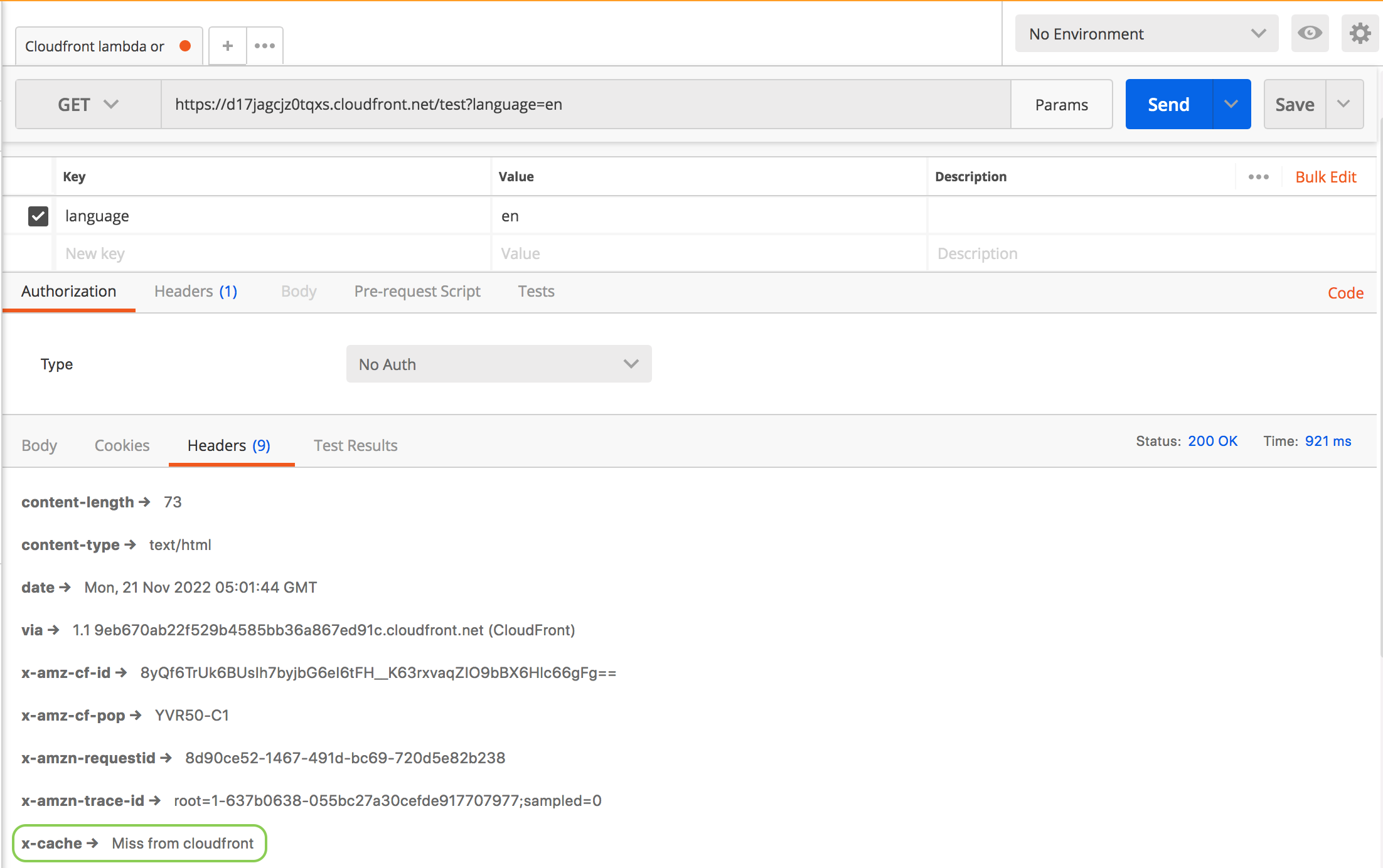Illustration of using Postman for the request with cache miss